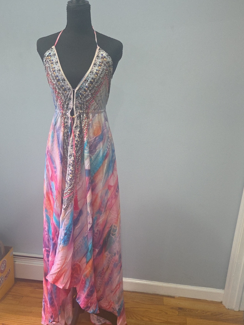 Bohemian Halter Maxi Dress in Pink & Blue Watercolor